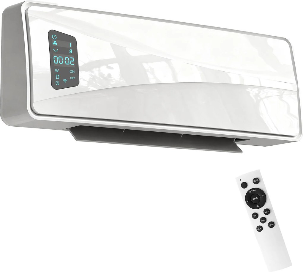 HOMCOM Aquecedor Elétrico de Baixo Consumo de Parede 2000W com 3 Modos Ecrã LED Termostato Temporizador e Oscilação 54x18,7x14,5 cm Branco | Aosom Portugal