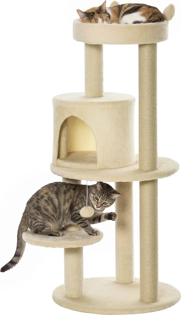 PawHut Árvore Arranhador Gatos Plataforma Caverna Postes Sisal Bola Suspensa 48x48x104 cm Bege | Aosom Portugal