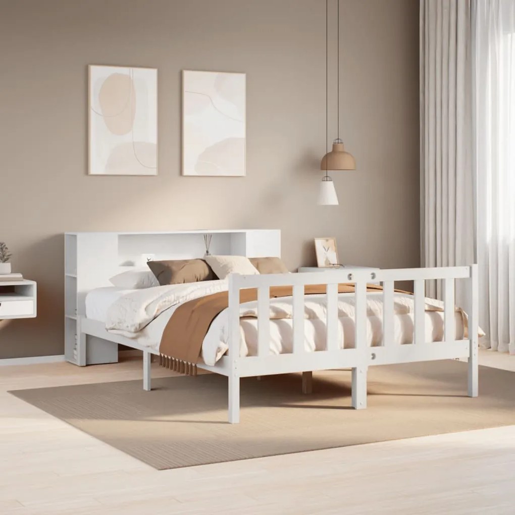 vidaXL Cama com estante sem colchão 120x200 cm pinho maciço branco