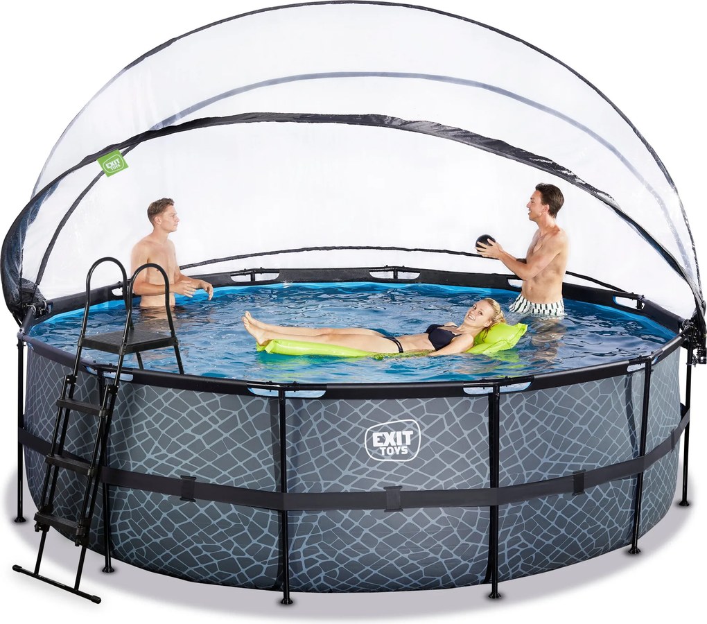 Piscina redonda Stone ø450x122cm com bomba de filtro de areia, cúpula e bomba de calor - cinza