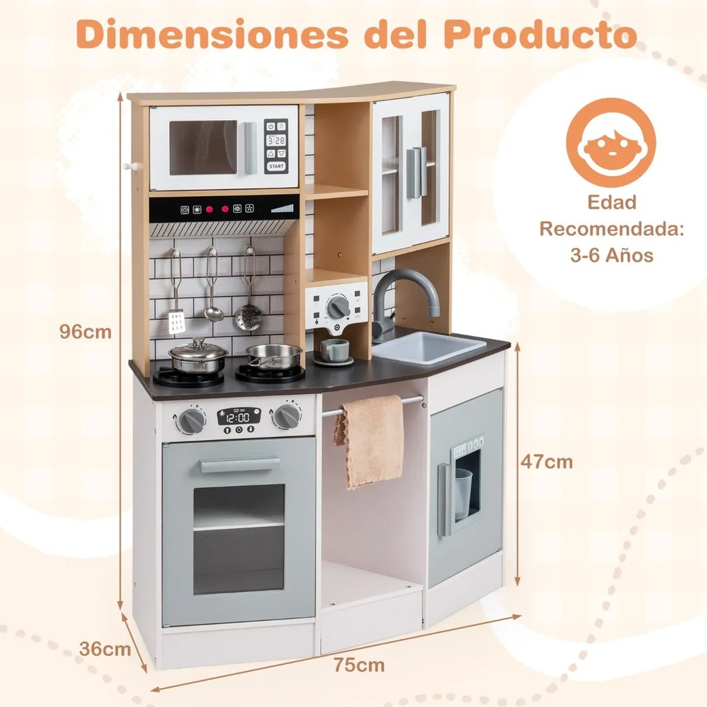 Cozinha de brincar para crianças 75 x 36 x 96 cm de madeira com som e luz Fogão Pia Exaustor Acessórios de cozinha cinza e natural