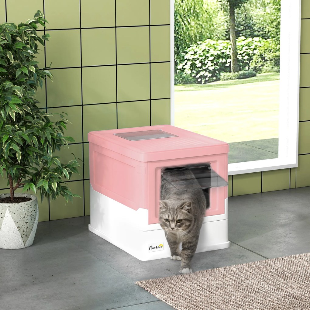 Caixa de Areia para Gatos Dobrável Caixa de Areia para Gatos Fechada com Bandeja Removível e Pá 47,5x35,5x36,7cm Rosa