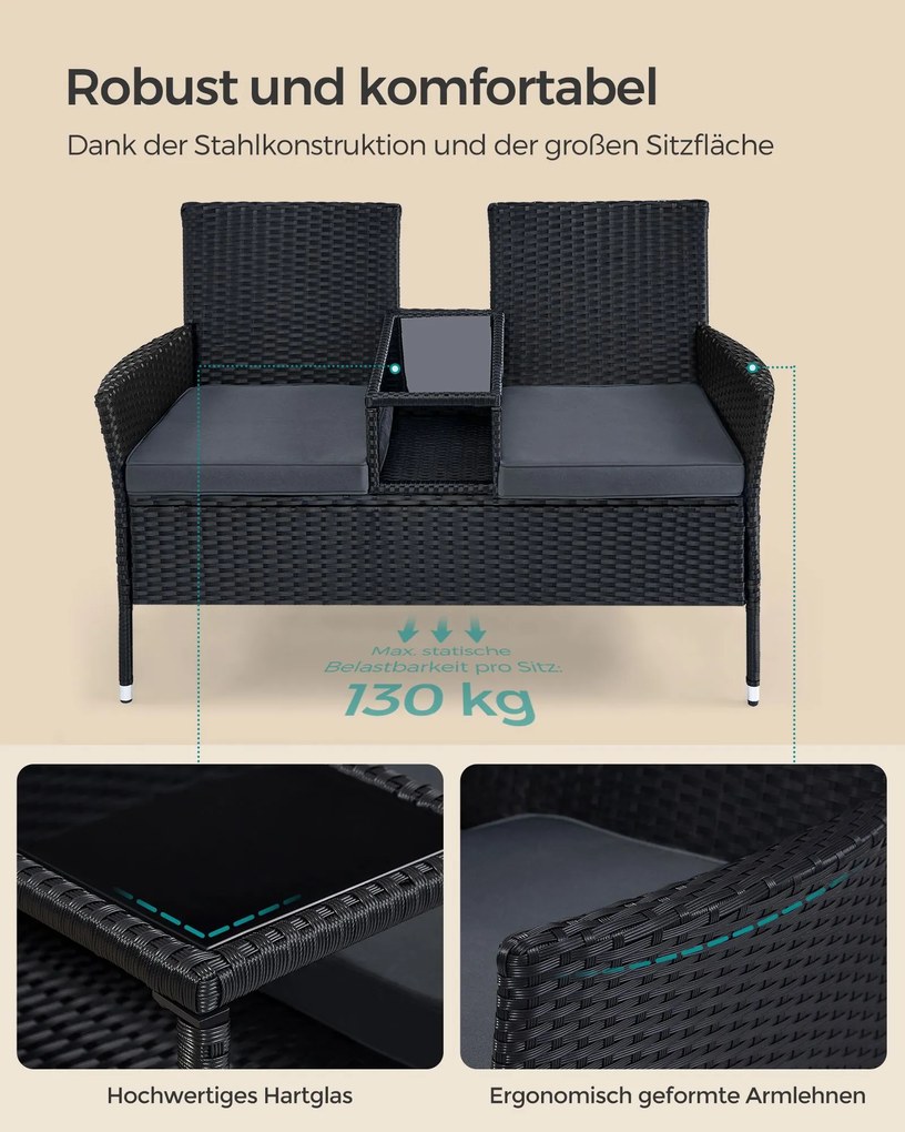 Sofá de jardim, varanda com mesa em poliratãn PE 65 x 131 x 84 cm preto-cinzento escuro