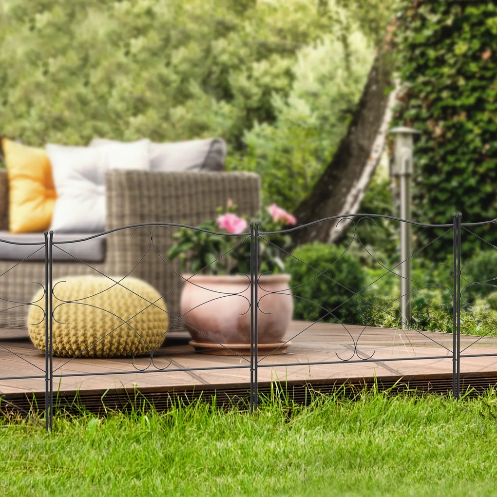 Conjunto de 5 cercas decorativas de jardim em metal com ornamentos, 305 x 62 cm, preto