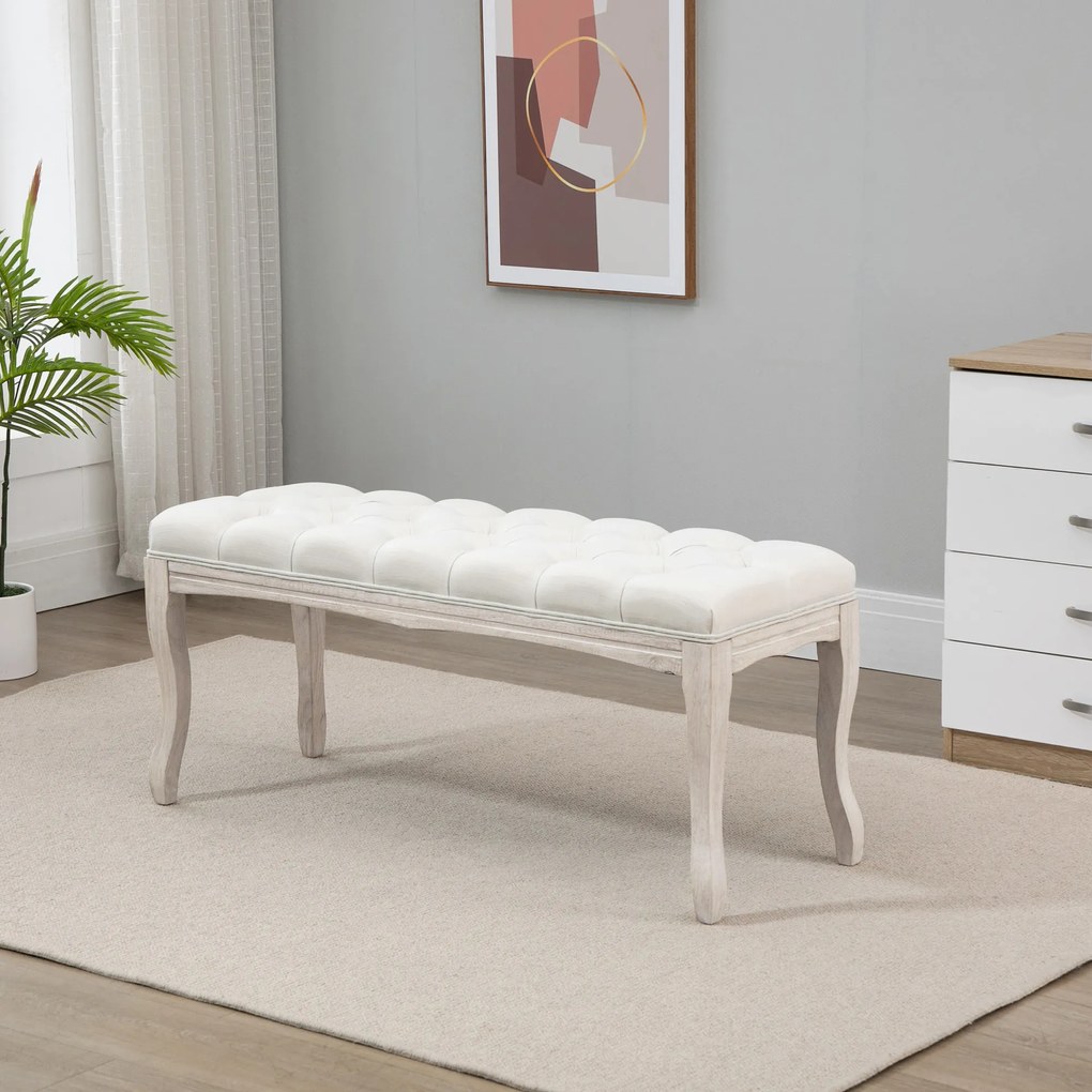 Banco com assento estofado, 110 cm, estofado em linho, com base em madeira de hevea esculpida, linho bege