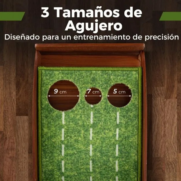 Tapete de golfe com 3 tamanhos de buracos Ajuda à prática com retorno automático da bola 302 x 37 x 15 cm Castanho + Verde