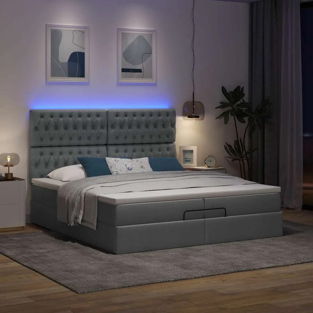 Estrutura de cama otomana com colchões tecido cinzento escuro