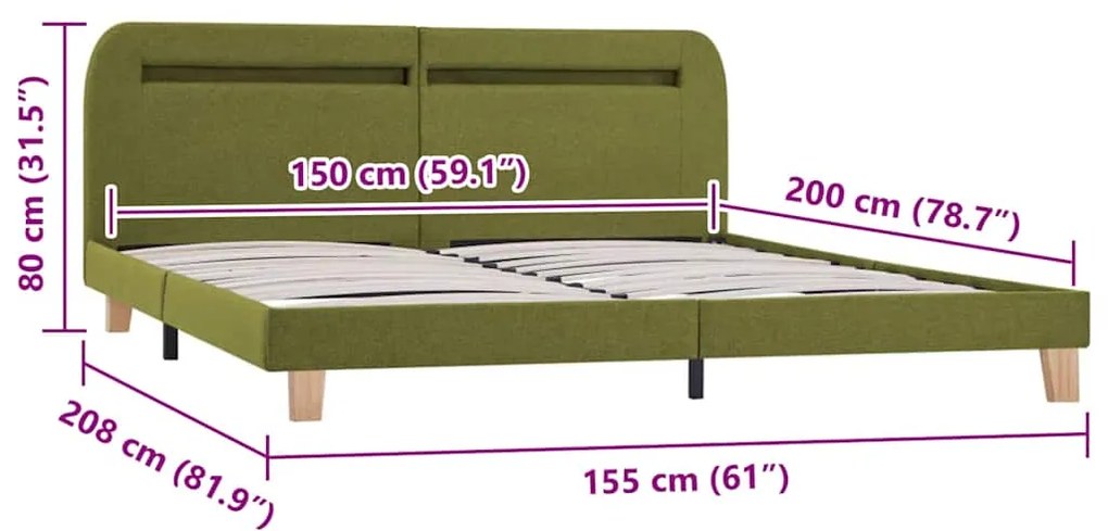 Estrutura de cama com LED sem colchão 150x200 cm tecido verde