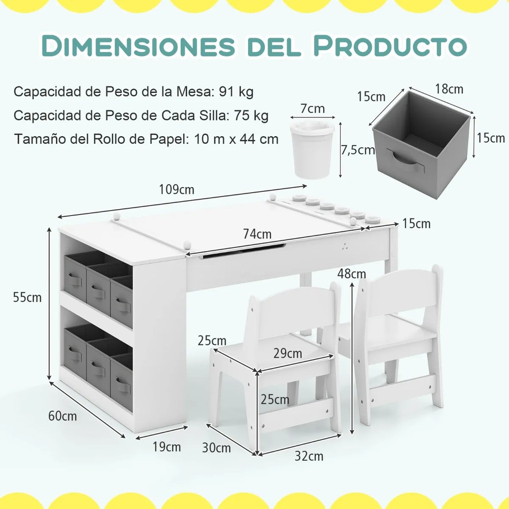 Mesa e cadeiras infantis 2 em 1 com arrumação, com tampo elevável, rolo de papel, 6 copos de tinta e 6 caixas brancas