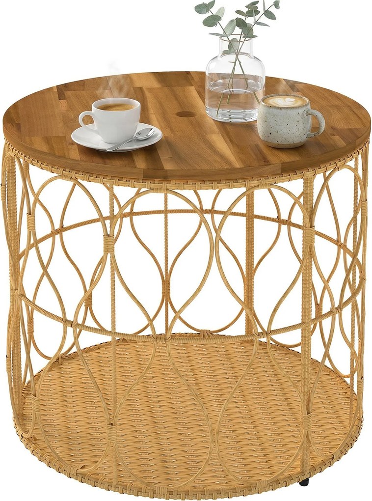 Outsunny Mesa auxiliar Ø50 cm resistente às intempéries Mesa de jardim com aparência de rattan Tampo em madeira de acácia pés ajustáveis Teca | Aosom Portugal