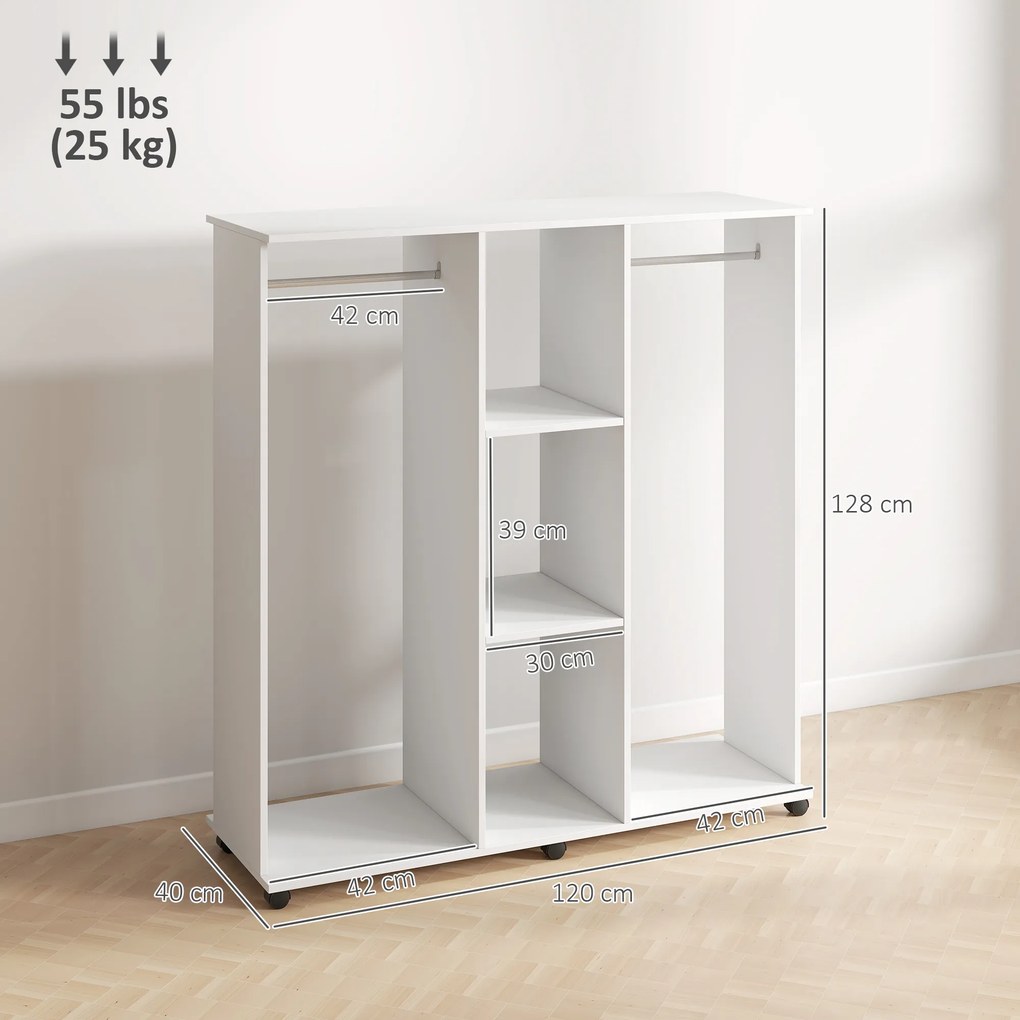 Guarda roupa aberto com varões, móvel de arrumação com rodas, 6 rodas, 120 x 40 x 128 cm, branco