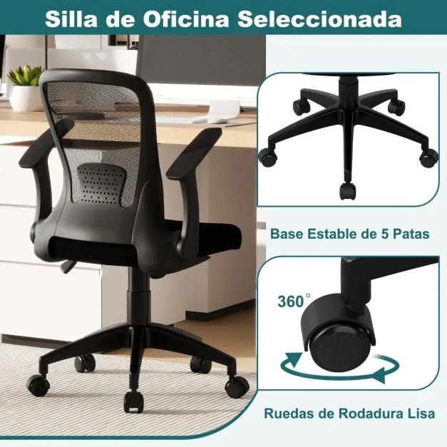 Cadeira de escritório ergonómica em malha com encosto ajustável e braços rebatíveis para escritório 62 x 54 x 94-104 cm Preto