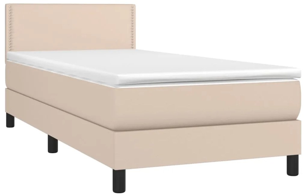 Cama box spring c/ colchão/LED 90x190cm couro artif. cappuccino