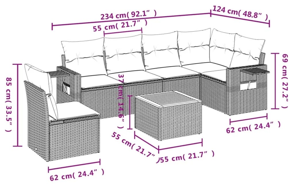 7 pcs conjunto de sofás p/ jardim com almofadões vime PE bege
