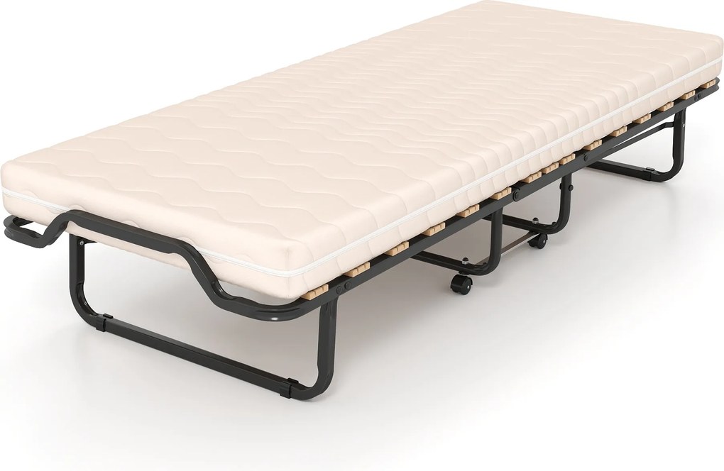 Cama Auxiliar Dobrável, 200 x 80 x 42 cm, Colchão Viscoelástico e Rodas, Preto