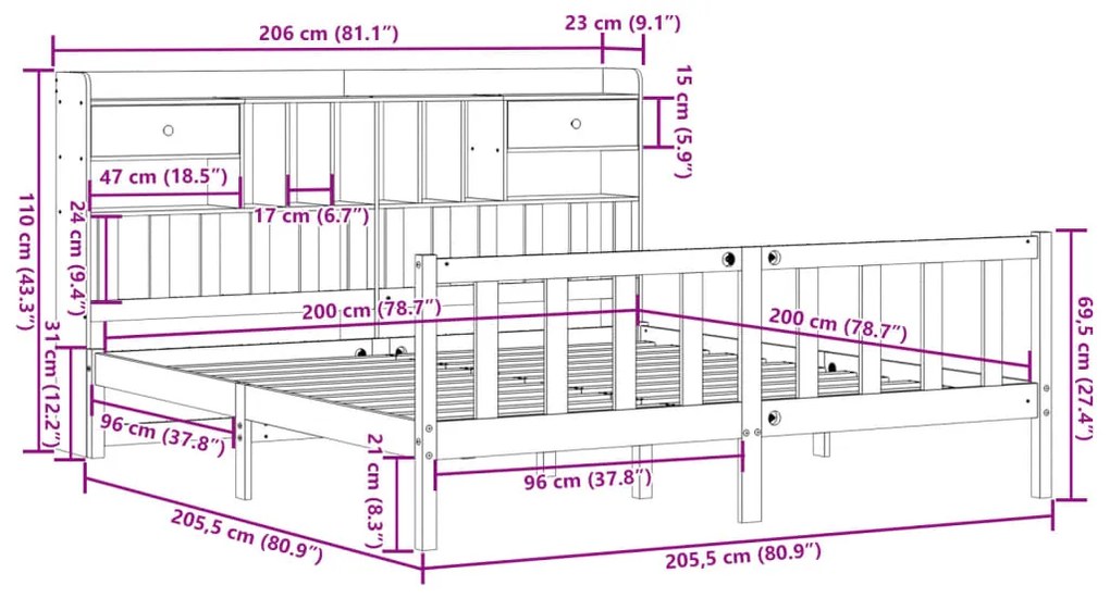 Cama com estante sem colchão 200x200 cm pinho maciço branco