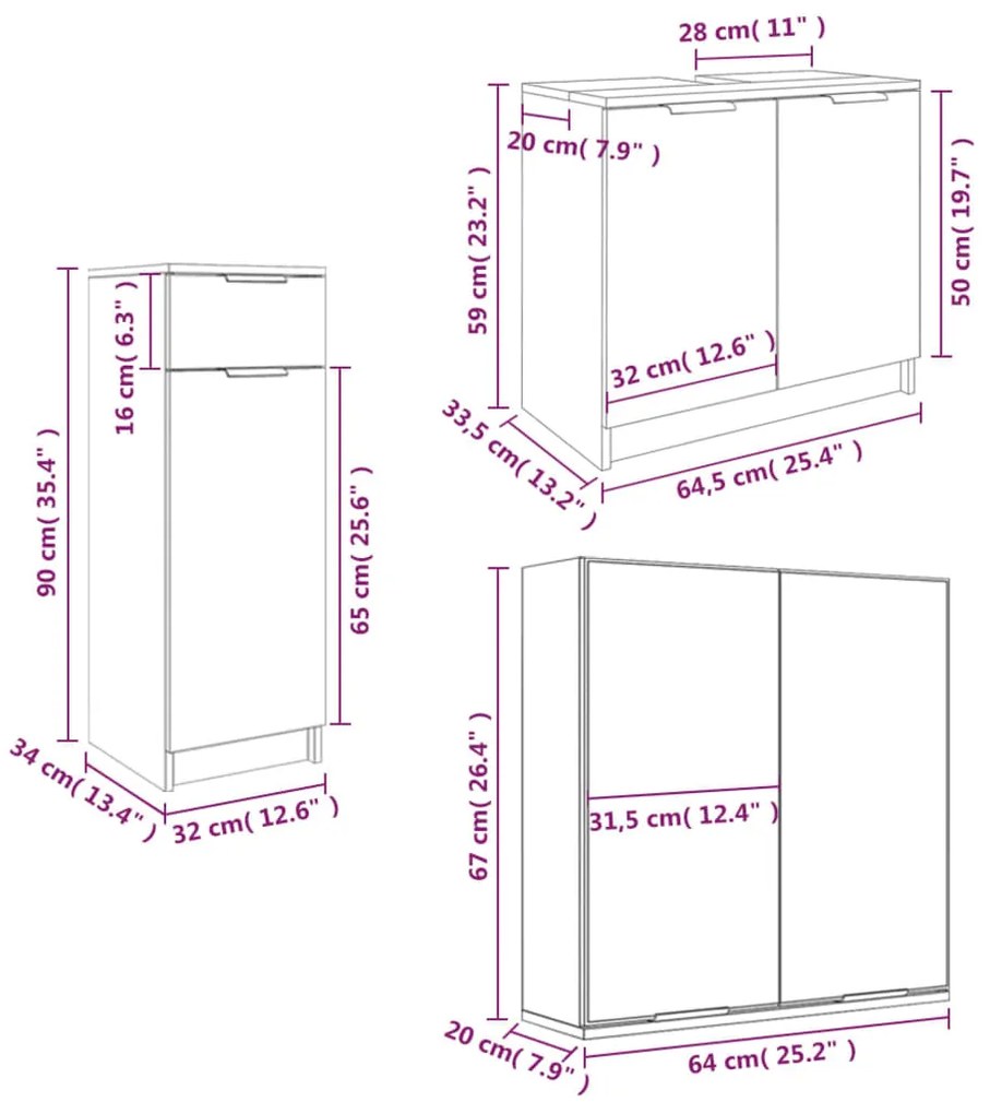 3 pcs conjunto móveis casa de banho madeira processada branco