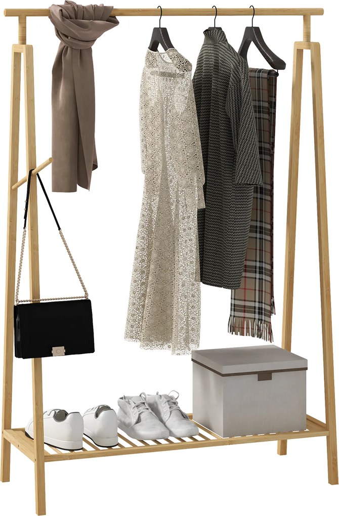 Guarda roupa aberto em bambu, em madeira com prateleira para sapatos, 110 x 42 x 152 cm