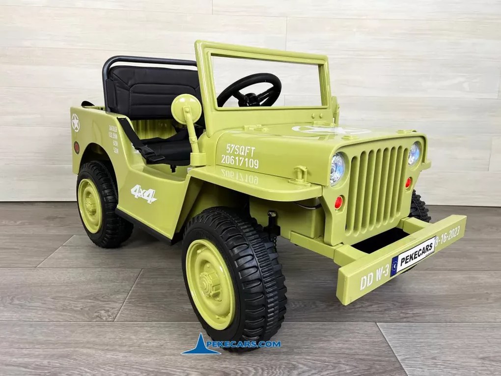 Jipe Willys 12V 1 Lugar 4x4 elétrico para crianças Todo terreno, rodas de borracha, assento Couro sintético cáqui militar