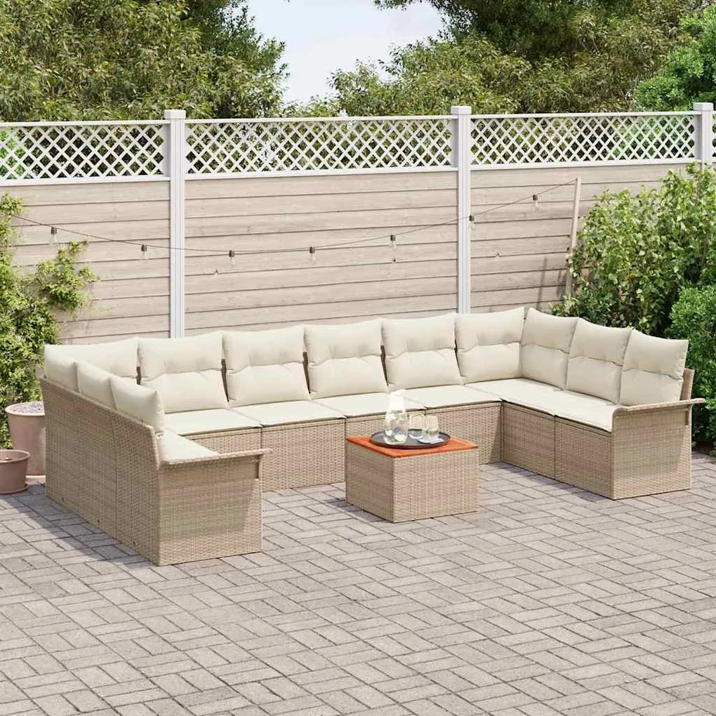 Sofá de Jardim com 11 Peças e Almofadas Bege, Rattan de Poliéster, Acá