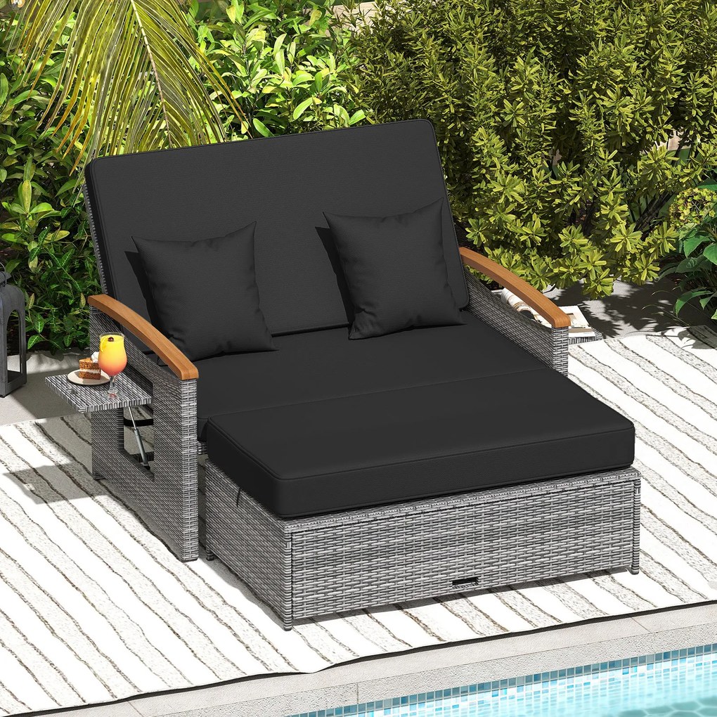 Conjunto de Sofá-Cama de 2 Lugares e Pufe, 164 x 72-111 x 54,5-88 cm, Encosto Ajustável em 4 Níveis, Cinzento + Preto