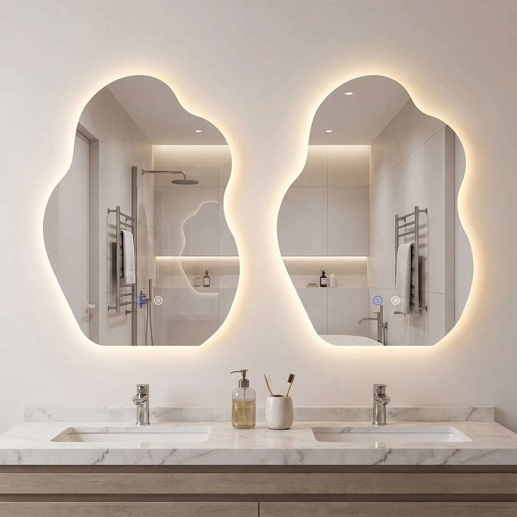 Espelho de casa de banho LED assimétrico com 3 luzes 70 x 50 x 3,5 cm, intensidade regulável, função antiembaciamento e vidro temperado prateado