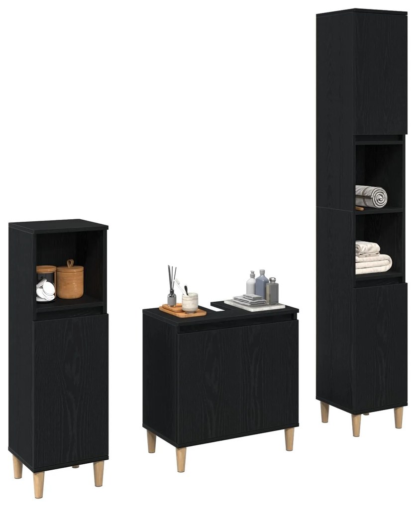Conjunto de Móveis de Casa de Banho 3 Peças Carvalho Preto Madeira Eng