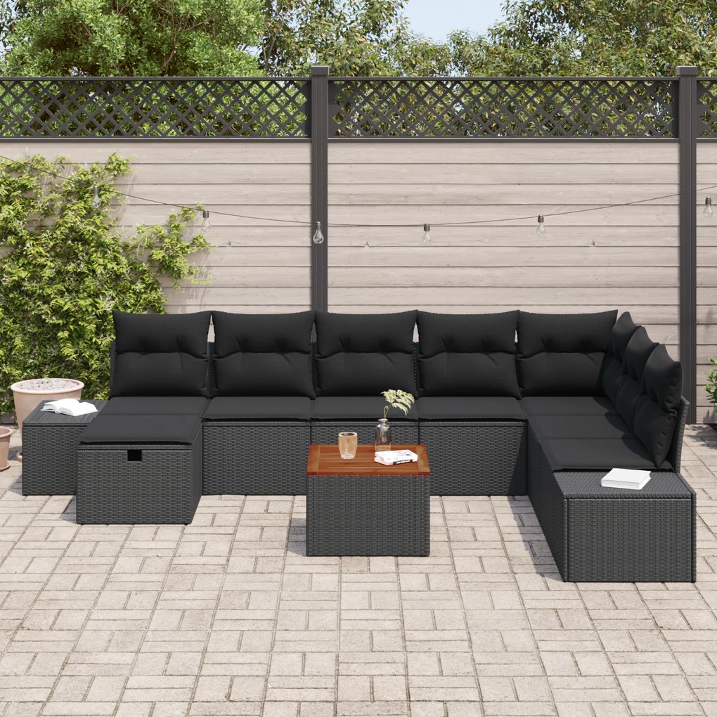 Conjunto de Sofá de Jardim de 9 Peças com Almofadas Preto em Rattan Si
