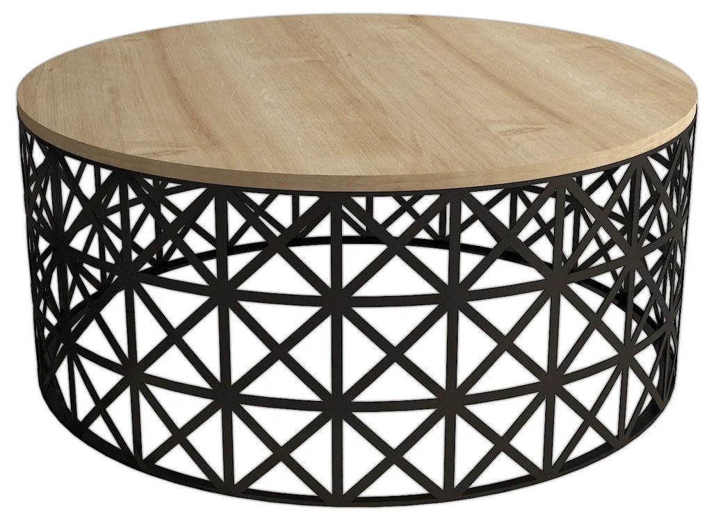 Mesa de Centro Selin Metal Ferforje – Carvalho e Preto – 90x90x38 cm