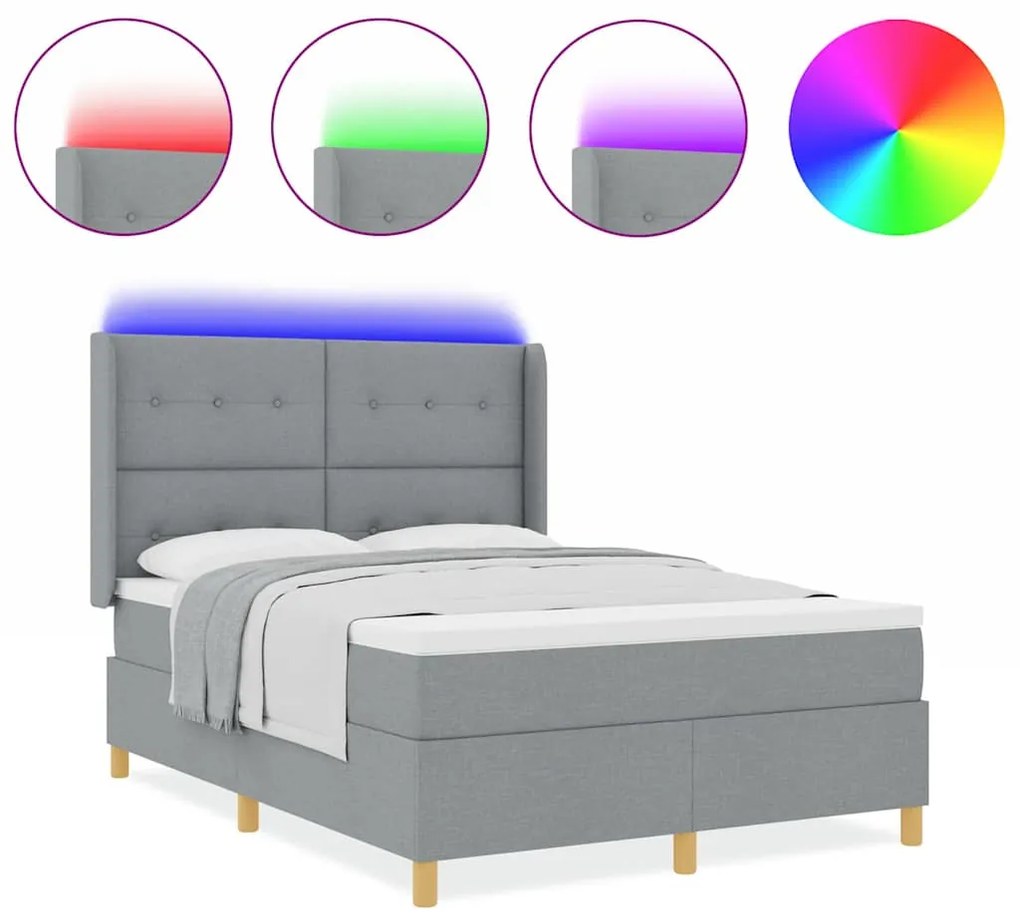 Cama Box com Colchão e Luz LED Cinza Claro 140x200 cm Tecido