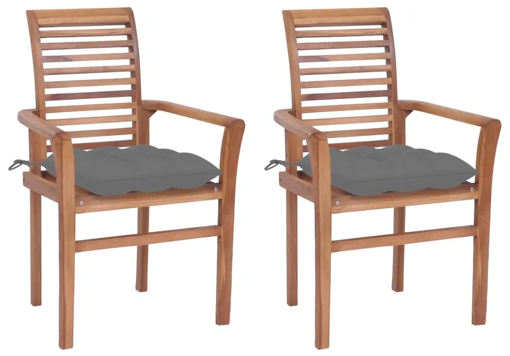 3062611 vidaXL Cadeiras de jantar c/ almofadões cinzentos 2 pcs teca maciça