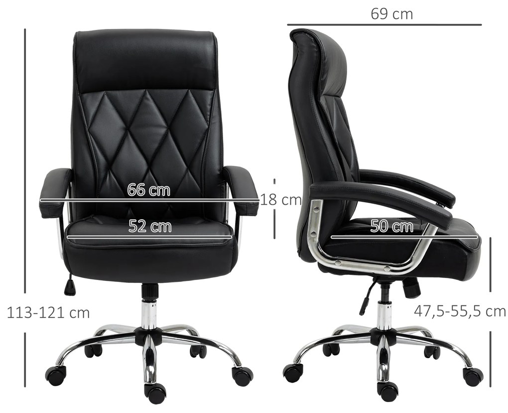 Vinsetto Cadeira de Escritório Ergonômica Cadeira de Escritório Giratória e Basculante com Altura Ajustável Encosto Alto e Apoio para a cabeça Acolchoado Pele Sintética 66x69x113-121cm Preto