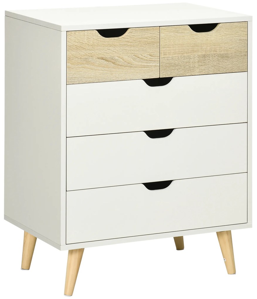 HOMCOM Cómodas Quarto Cómoda Branca 5 Gavetas e Pés Elevados Moderno Anti-Tombo 60x40x77,5cm Madeira | Aosom Portugal