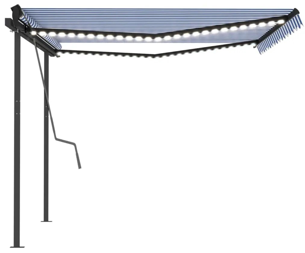 Toldo retrátil manual com luzes LED 4x3,5 m azul e branco