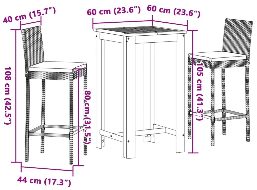3 pcs conjunto de bar para jardim acácia maciça/vime PE preto