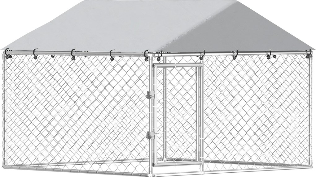 PawHut Recinto para Cães de Exterior em Aço Galvanizado com Teto em PE, Anti-UV, Impermeável, Fecho Duplo, Prata | Aosom Portugal