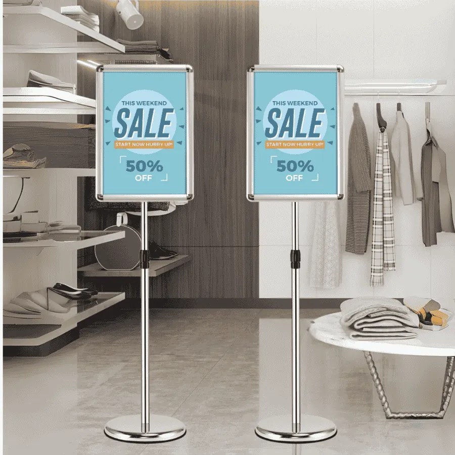 Conjunto de 2 suportes de pé A3 para cartazes de metal, cartazes de quadro, menus, publicidade exterior, altura ajustável, giratório, prateado