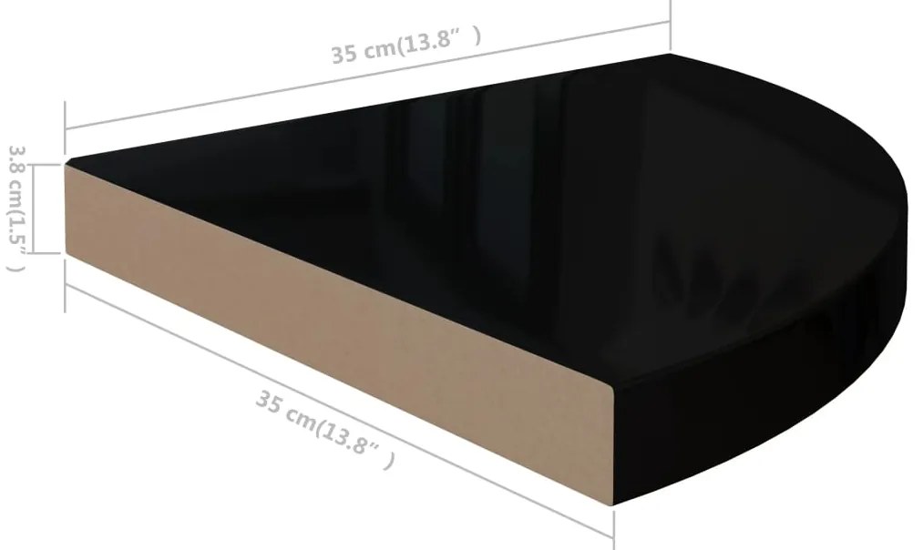 Prateleira de canto suspensa 35x35x3,8 cm MDF preto brilhante