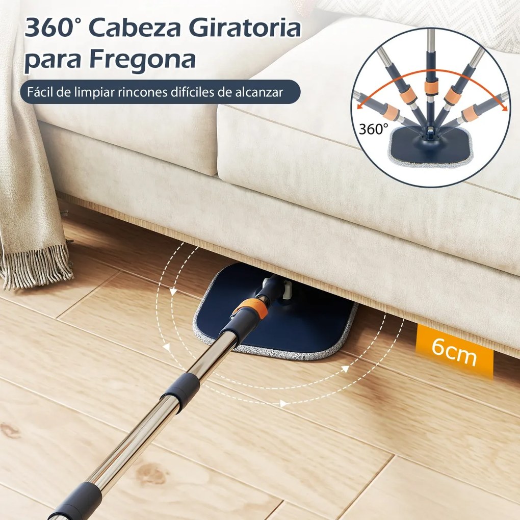 Conjunto de esfregona giratória com balde Sistema de separação de água limpa e suja Cabeças quadradas e triangulares Autoescorredoras Azul marinho