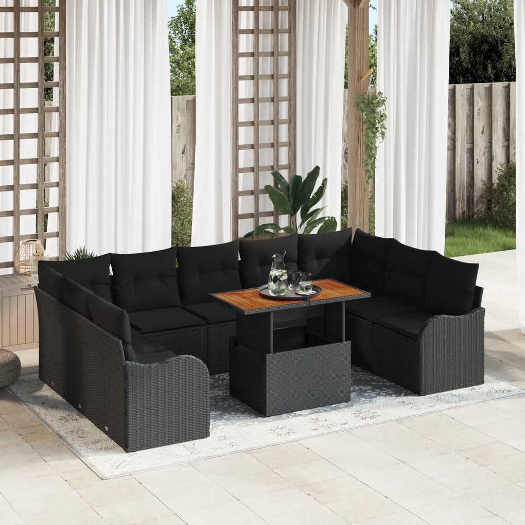Conjunto de Sofás de Jardim de 10 Peças com Almofadas Vime Poliéster P