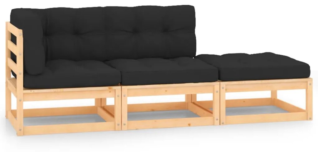 vidaXL 3 pcs conjunto lounge de jardim c/ almofadões pinho maciço