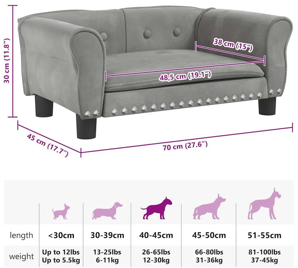 Cama para cães 70x45x30 cm veludo cinzento-claro