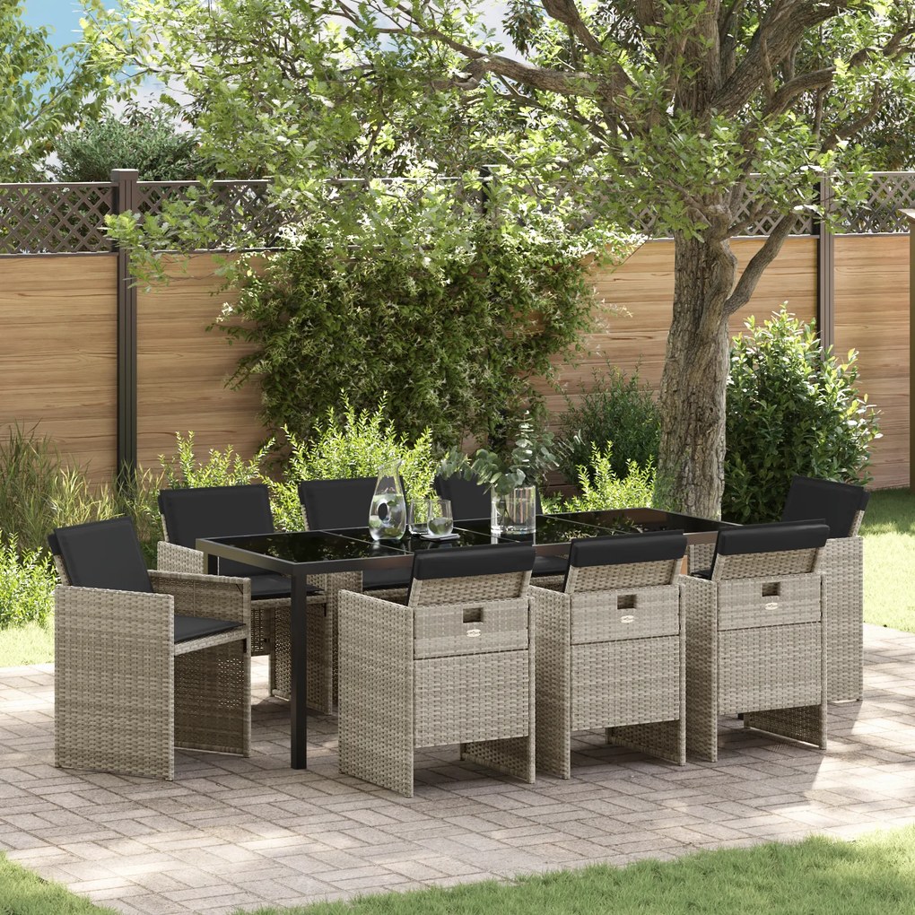 vidaXL Conjunto de Jantar de Jardim de 9 Peças com Almofadas Cinza Claro Rattan PE
