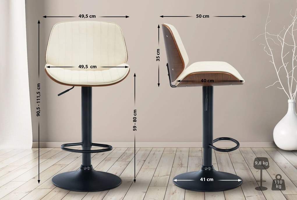 Banco de bar Nova em couro sintético e com estrutura preta 49,5 x 90-111 x 50 cm Cor Nogueira + Creme