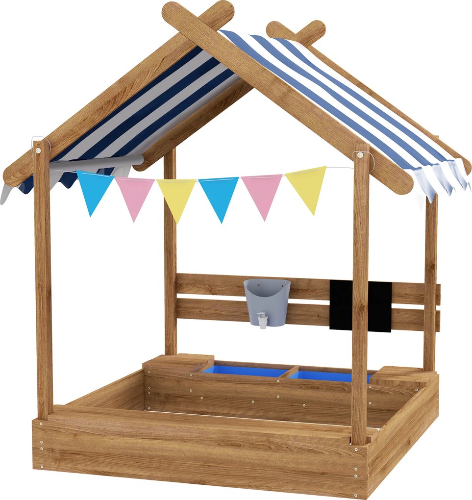 Outsunny Caixa de Areia para Crianças de Madeira com Toldo Torneira e Ardósia para Pátio Jardim 124x116x146 cm Castanho | Aosom Portugal