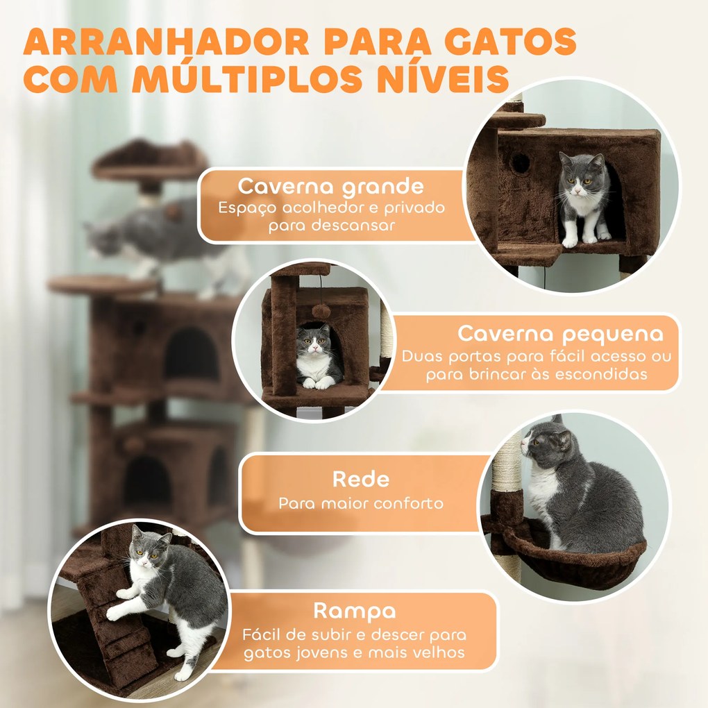 Arranhador para Gatos com Múltiplas Plataformas Cama 2 Cavernas Rede Escada Postes de Sisal 48x48x140 cm Castanho
