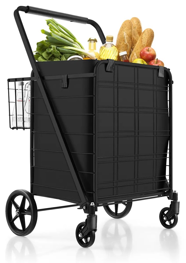 Carrinho de compras dobrável com revestimento impermeável, rodas e cesta - Prata