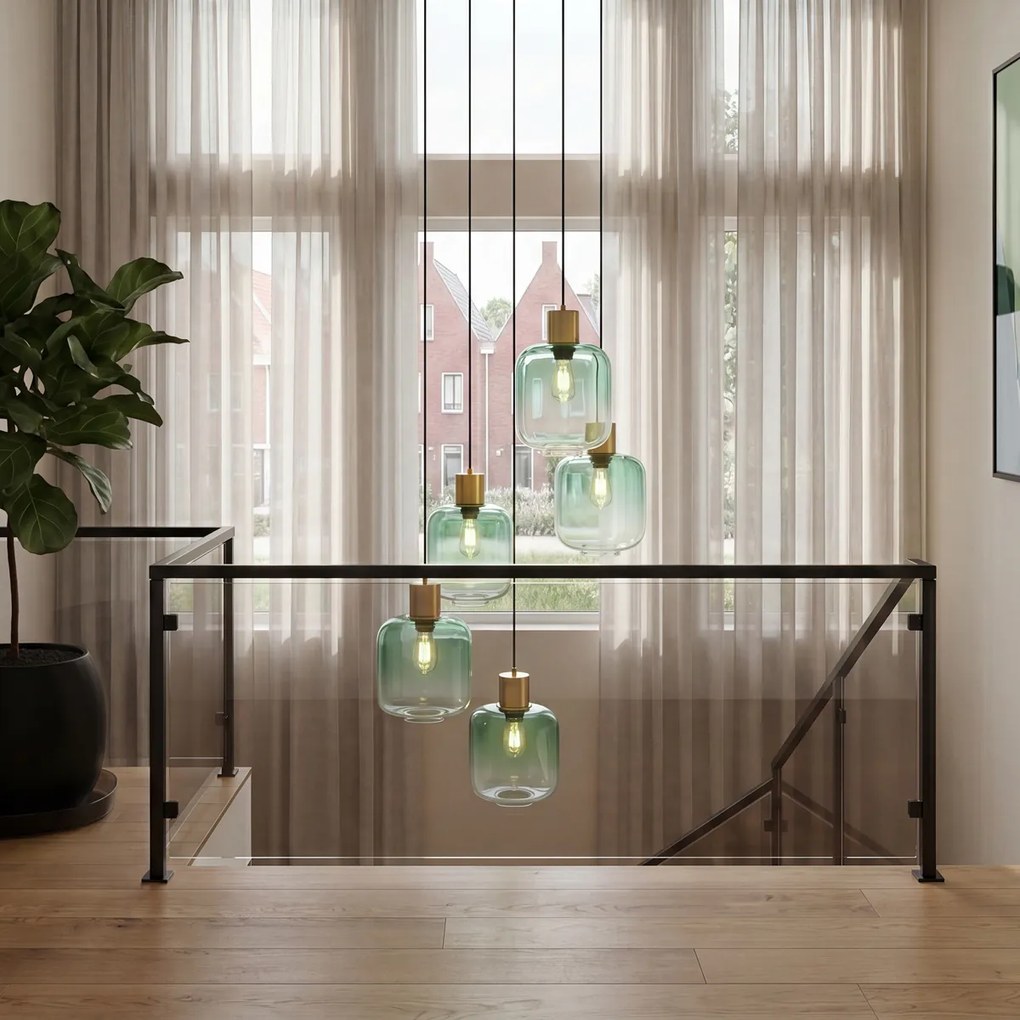Candeeiro suspenso Hotel Chic latão com vidro azul e verde 5 luzes - Qara