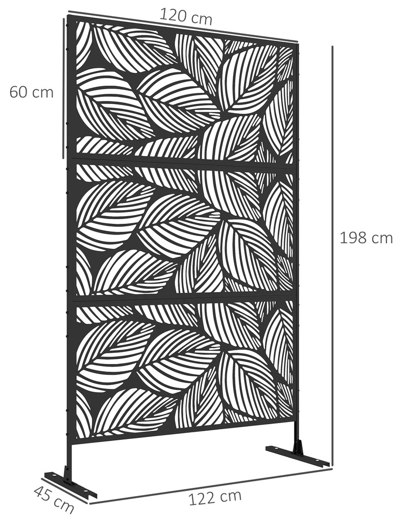 Biombo de Exterior Separador de Ambientes com 3 Peças com Padrão de Flores Grande e Estrutura de Aço 122x45x198 cm Preto