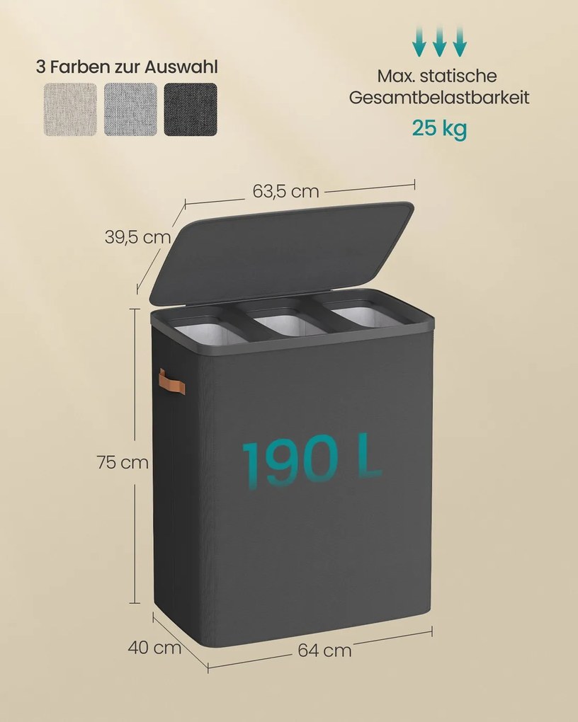 Cesto de roupa suja 64 x 40 x 75 cm com 190 litros e 3 compartimentos, preto